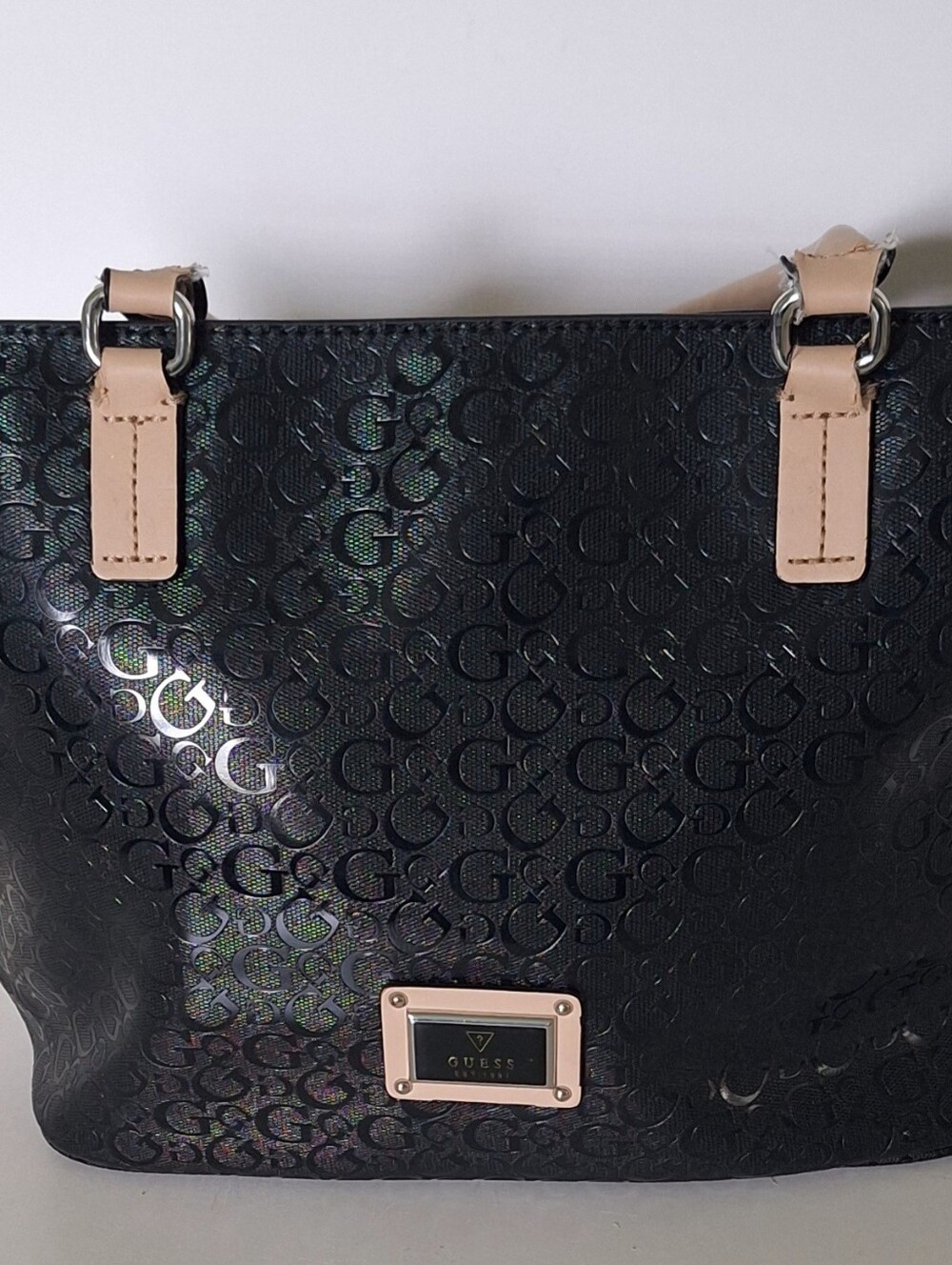 Imitation GUESS Black Tote with Beige Trim and Logo Plaque